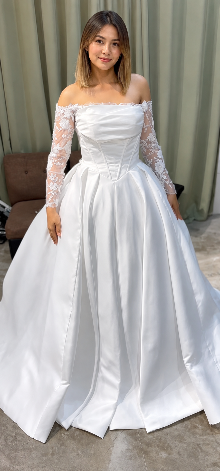 Mikado Longsleeve Lace — Bridal Gown, size Medium-Large